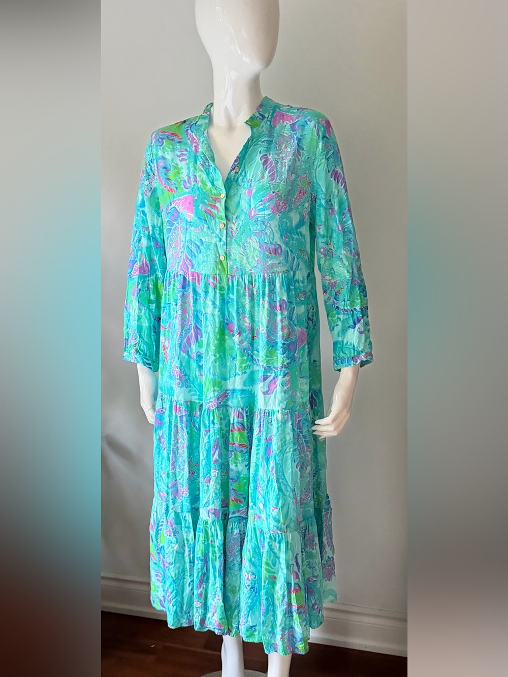 Tropical Aqua Floral Tiered Midi Dress - Picture 4 of 5